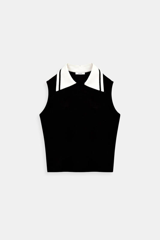 Old Money Sleeveless Knitted Color Block Collared Sweater Vest
